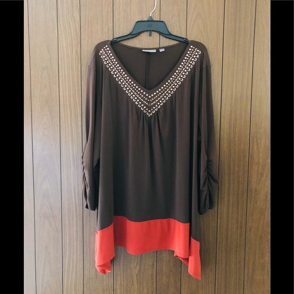 Avenue Top Blouse Size 30/32 Chic Brown Orange Stretchy Embellished - Picture 1 of 12